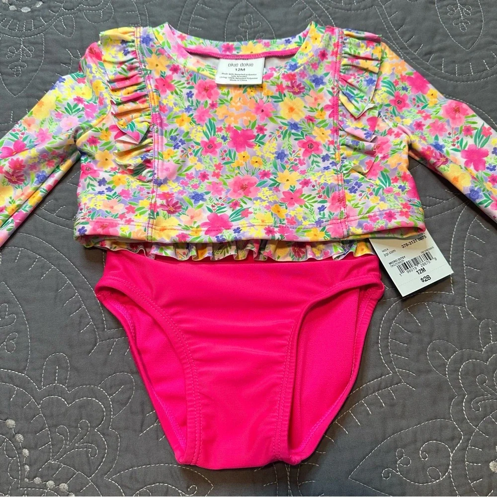 Okie Dokie 12M Girls Pink Micro Ditsy Floral Rash Guard And Bottoms Set NWT